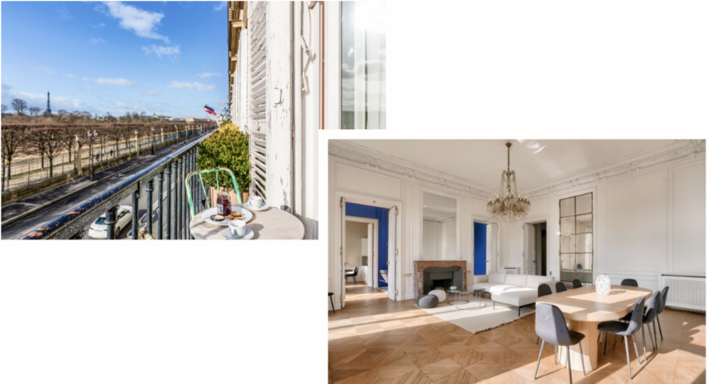 Living room and balcony of an apartment in the 1st arrondissement of Paris